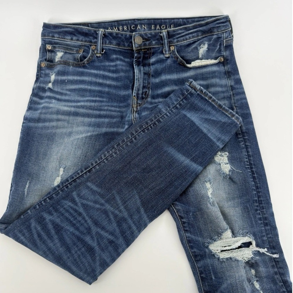 American Eagle Athletic Skinny Airflex+ Distressed Ripped Jeans Blue Mens 33x32